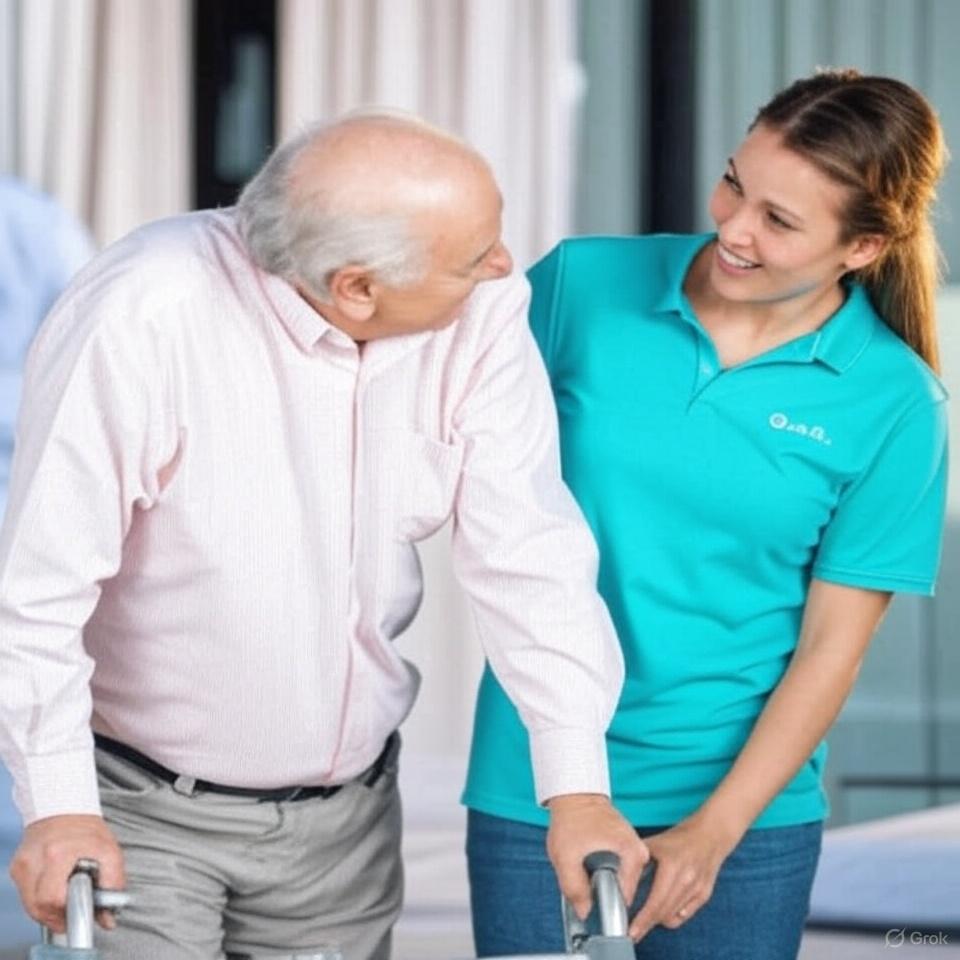 Senior woman and caregiver in kitchen